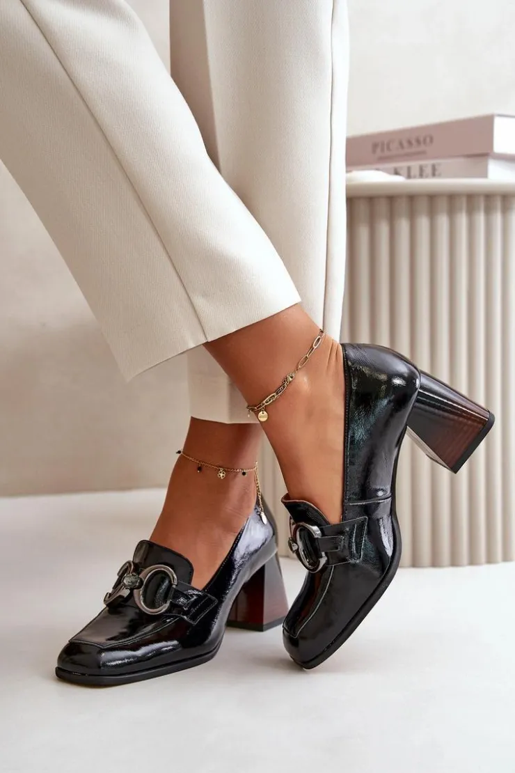 Laura Messi Czółenka Klasyczne*Skórzane Czółenka Z Ozdobą Czarne 2845