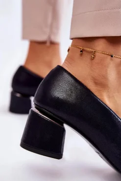 Laura Messi Czółenka Klasyczne*Skórzane Czółenka Z Ozdobą 2487 Granatowe