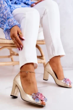 Damskie Boto Skórzane Czółenka Z Ozdobą Złote Dayane