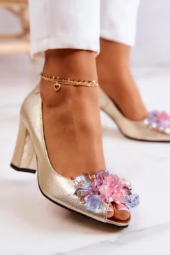 Damskie Boto Skórzane Czółenka Z Ozdobą Złote Dayane