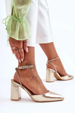 Sale Boto Skórzane Czółenka Z Ozdobnym Paseczkiem Złote Lirosa