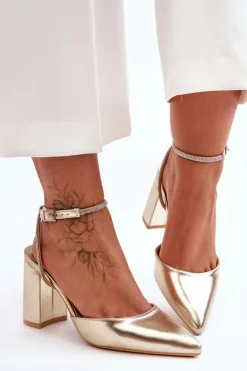 Sale Boto Skórzane Czółenka Z Ozdobnym Paseczkiem Złote Lirosa