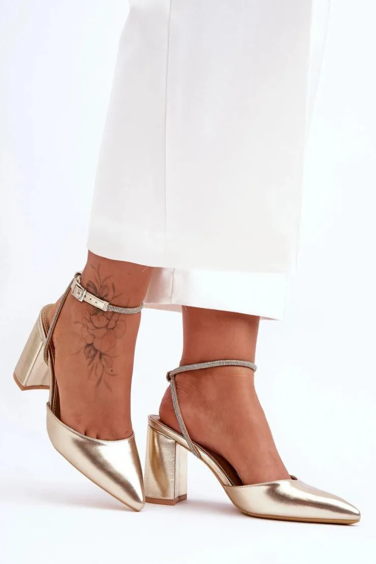 Sale Boto Skórzane Czółenka Z Ozdobnym Paseczkiem Złote Lirosa