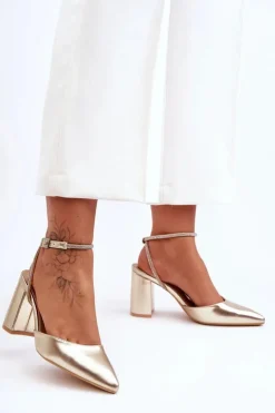 Sale Boto Skórzane Czółenka Z Ozdobnym Paseczkiem Złote Lirosa