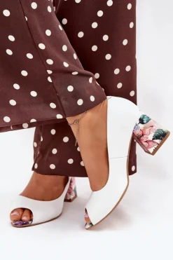 Boto Czółenka Na Słupku|Czółenka Klasyczne*Skórzane Czółenka Z Ozdobnym Obcasem Lewski Shoes 2608/K Białe Biały