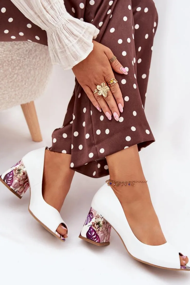 Boto Czółenka Na Słupku|Czółenka Klasyczne*Skórzane Czółenka Z Ozdobnym Obcasem Lewski Shoes 2608/K Białe Biały