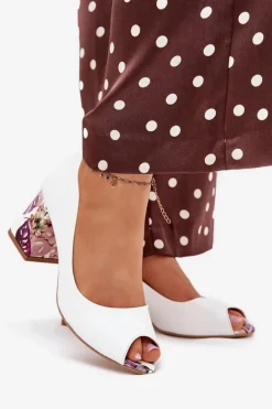 Boto Czółenka Na Słupku|Czółenka Klasyczne*Skórzane Czółenka Z Ozdobnym Obcasem Lewski Shoes 2608/K Białe Biały