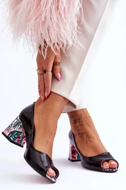 Damskie Boto Skórzane Czółenka Z Ozdobnym Obcasem Lewski Shoes 2608/K Czarne