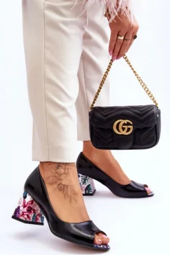 Damskie Boto Skórzane Czółenka Z Ozdobnym Obcasem Lewski Shoes 2608/K Czarne