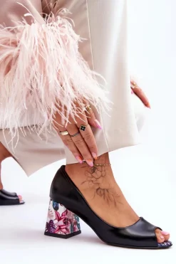 Damskie Boto Skórzane Czółenka Z Ozdobnym Obcasem Lewski Shoes 2608/K Czarne