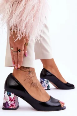 Damskie Boto Skórzane Czółenka Z Ozdobnym Obcasem Lewski Shoes 2608/K Czarne