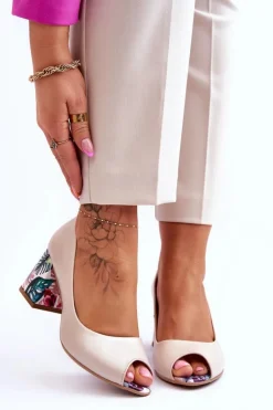 Boto Czółenka Na Słupku|Czółenka Klasyczne*Skórzane Czółenka Z Ozdobnym Obcasem Lewski Shoes 2608/K Perłowy Beżowy