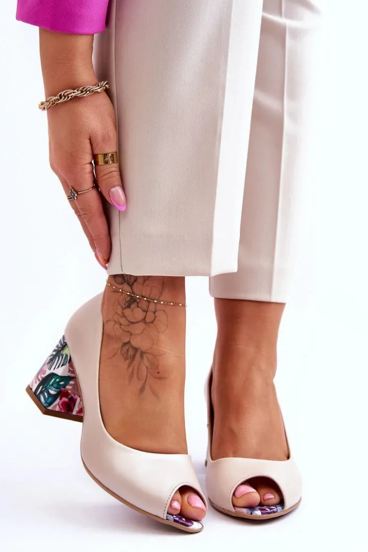 Boto Czółenka Na Słupku|Czółenka Klasyczne*Skórzane Czółenka Z Ozdobnym Obcasem Lewski Shoes 2608/K Perłowy Beżowy