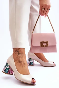 Boto Czółenka Na Słupku|Czółenka Klasyczne*Skórzane Czółenka Z Ozdobnym Obcasem Lewski Shoes 2608/K Perłowy Beżowy