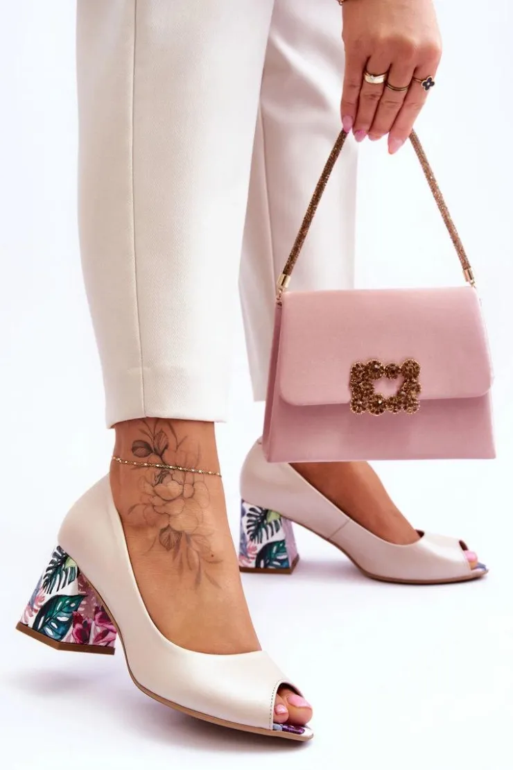 Boto Czółenka Na Słupku|Czółenka Klasyczne*Skórzane Czółenka Z Ozdobnym Obcasem Lewski Shoes 2608/K Perłowy Beżowy