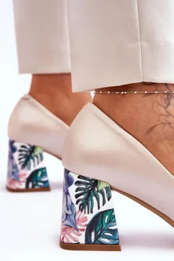 Boto Czółenka Na Słupku|Czółenka Klasyczne*Skórzane Czółenka Z Ozdobnym Obcasem Lewski Shoes 2608/K Perłowy Beżowy