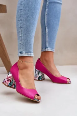 Damskie Boto Skórzane Czółenka Z Ozdobnym Obcasem Lewski Shoes 2608/K Fuksja