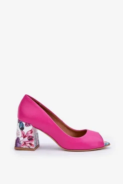 Damskie Boto Skórzane Czółenka Z Ozdobnym Obcasem Lewski Shoes 2608/K Fuksja