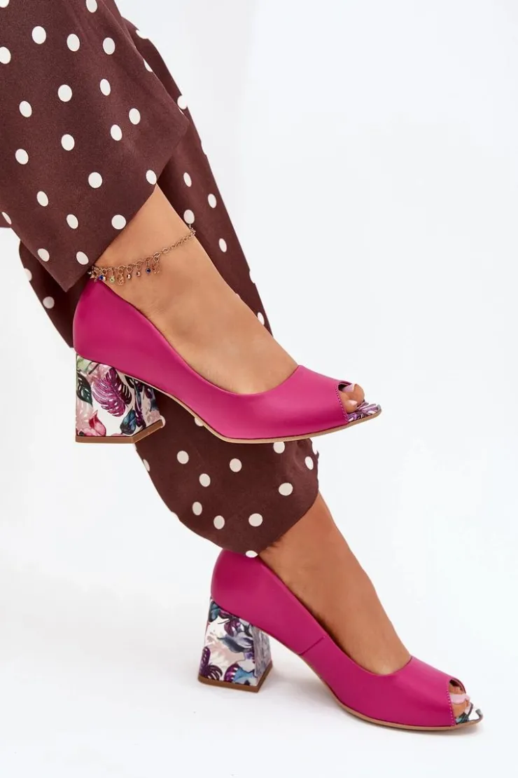 Clearance Boto Skórzane Czółenka Z Ozdobnym Obcasem Lewski Shoes 2608/K Fuksja Różowy