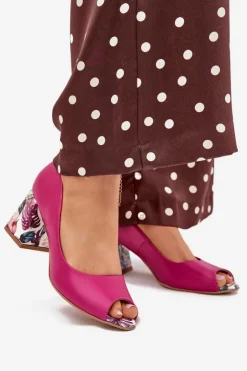 Clearance Boto Skórzane Czółenka Z Ozdobnym Obcasem Lewski Shoes 2608/K Fuksja Różowy