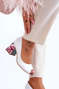 Boto Czółenka Na Słupku|Czółenka Klasyczne*Skórzane Czółenka Z Ozdobnym Obcasem Lewski Shoes 2608/K Biały Groch