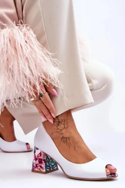 Boto Czółenka Na Słupku|Czółenka Klasyczne*Skórzane Czółenka Z Ozdobnym Obcasem Lewski Shoes 2608/K Biały Groch