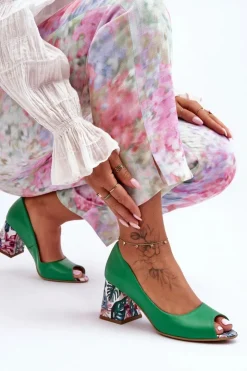 Damskie Boto Skórzane Czółenka Z Ozdobnym Obcasem Lewski Shoes 2608/K Zielone