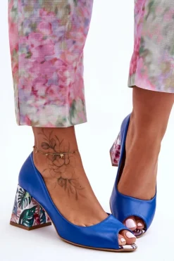 Boto Czółenka Na Słupku|Czółenka Klasyczne*Skórzane Czółenka Z Ozdobnym Obcasem Lewski Shoes 2608/K e Niebieski