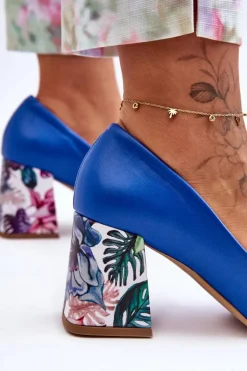 Boto Czółenka Na Słupku|Czółenka Klasyczne*Skórzane Czółenka Z Ozdobnym Obcasem Lewski Shoes 2608/K e Niebieski