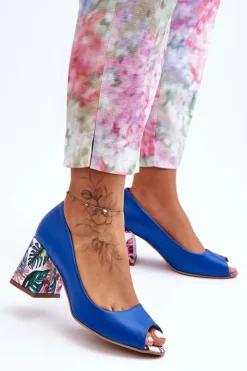 Boto Czółenka Na Słupku|Czółenka Klasyczne*Skórzane Czółenka Z Ozdobnym Obcasem Lewski Shoes 2608/K e Niebieski