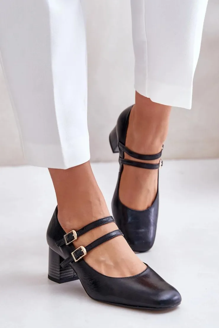 Laura Messi Skórzane Czółenka Z Paskami Na Słupku 2857 Czarne