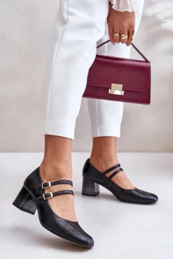 Laura Messi Skórzane Czółenka Z Paskami Na Słupku 2857 Czarne