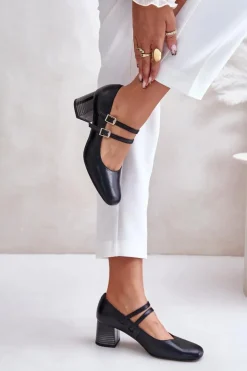 Laura Messi Skórzane Czółenka Z Paskami Na Słupku 2857 Czarne