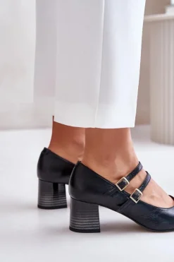 Laura Messi Skórzane Czółenka Z Paskami Na Słupku 2857 Czarne