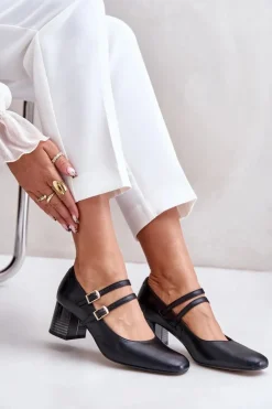 Laura Messi Skórzane Czółenka Z Paskami Na Słupku 2857 Czarne