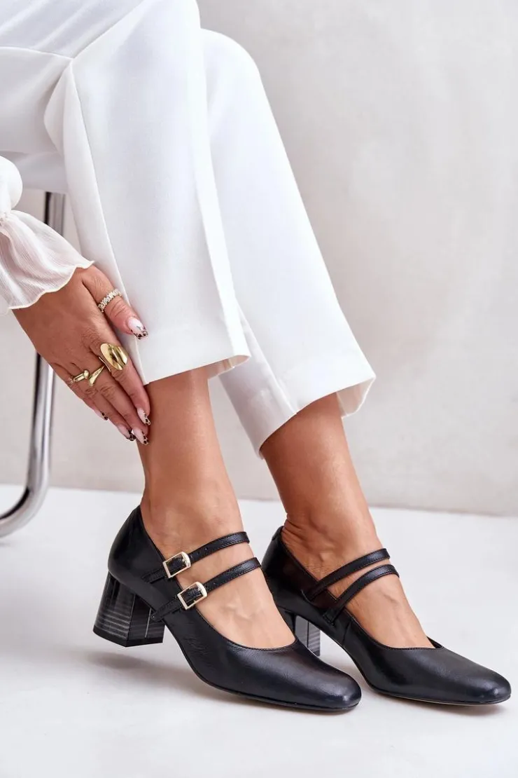 Laura Messi Skórzane Czółenka Z Paskami Na Słupku 2857 Czarne