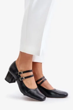 Laura Messi Skórzane Czółenka Z Paskami Na Słupku 2857 Czarne