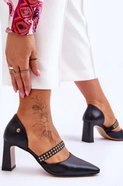 Maciejka Czółenka Na Słupku|Czółenka Klasyczne*Skórzane Czółenka Z Paskiem 05950-01 Czarne