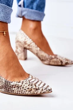 Hot Boto Skórzane Czółenka Z Wężowym Wzorem Lewski Shoes 2801 Złote