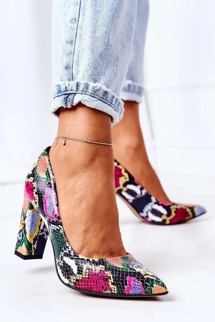 Boto Czółenka Na Słupku*Skórzane Czółenka Z Wężowym Wzorem Lewski Shoes 2453 Kolorowe