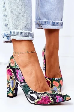 Boto Czółenka Na Słupku*Skórzane Czółenka Z Wężowym Wzorem Lewski Shoes 2453 Kolorowe