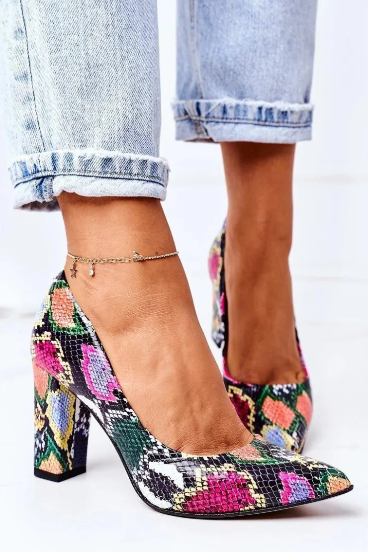 Boto Czółenka Na Słupku*Skórzane Czółenka Z Wężowym Wzorem Lewski Shoes 2453 Kolorowe