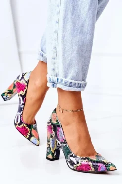 Boto Czółenka Na Słupku*Skórzane Czółenka Z Wężowym Wzorem Lewski Shoes 2453 Kolorowe