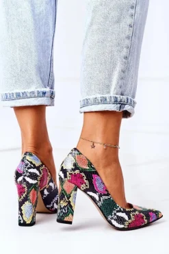 Boto Czółenka Na Słupku*Skórzane Czółenka Z Wężowym Wzorem Lewski Shoes 2453 Kolorowe