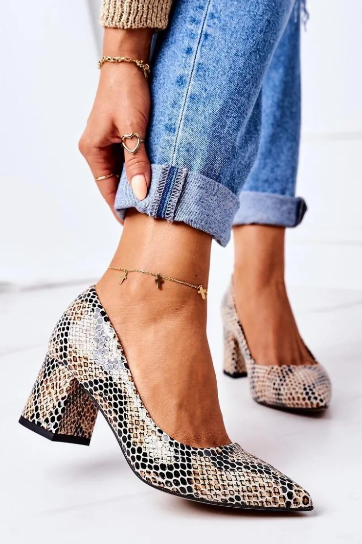 New Boto Skórzane Czółenka Ze Zwierzęcym Wzorem Lewski Shoes 2801 Czarno-Beżowe