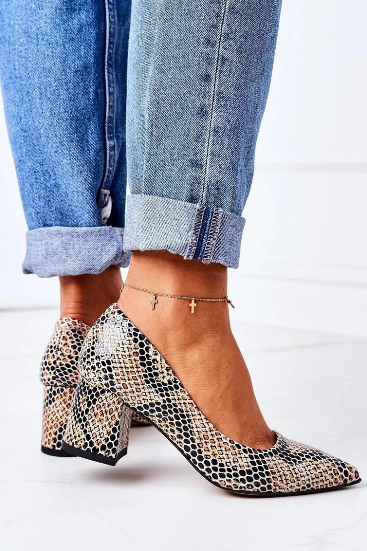 New Boto Skórzane Czółenka Ze Zwierzęcym Wzorem Lewski Shoes 2801 Czarno-Beżowe