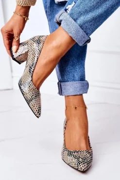 New Boto Skórzane Czółenka Ze Zwierzęcym Wzorem Lewski Shoes 2801 Czarno-Beżowe