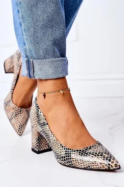 New Boto Skórzane Czółenka Ze Zwierzęcym Wzorem Lewski Shoes 2801 Czarno-Beżowe