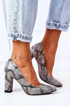 Damskie Boto Skórzane Czółenka Ze Zwierzęcym Wzorem Lewski Shoes 2453 Czarno-Niebieskie