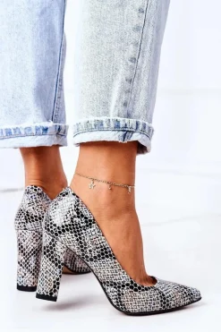 Damskie Boto Skórzane Czółenka Ze Zwierzęcym Wzorem Lewski Shoes 2453 Czarno-Niebieskie